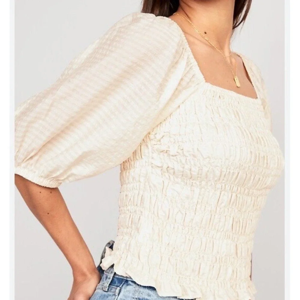 Old Navy Cream Smocked Puff Sleeve Square Neck Top M Peasant Neutral Coquette